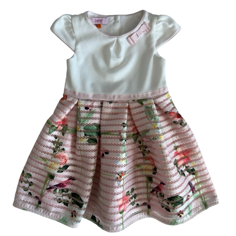 Baker by Ted Baker Girls Floral Bow Accent Dress White/Pink Size Age 2-3